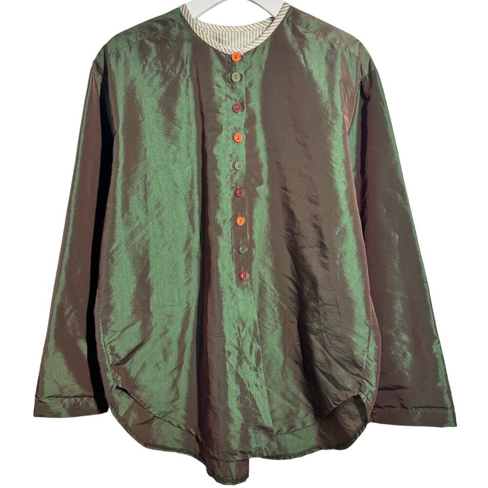 Ginza Silk Blend Lagenlook Iridescent Green Tunic Blouse Art To Wear Size 1 Boho
